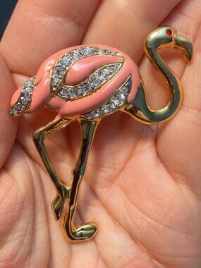 Flamingo Brooch Gold Tone Pink Enamel Rhinestone Statement Pin – 2” Tall